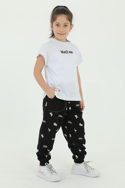 Black One Crew Neck Girl's Print Λεπτομερές βαμβακερό καλοκαιρινό μπλουζάκι παντελόνι 2 τεμαχίων φόρμας