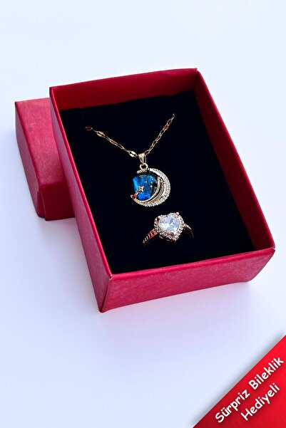 TREND COLLECTİON Kadın Paslanmaz Çelik Gold Zirkon Taşlı Gökyüzü Kolye Ve Pandora Yüzük Set (sevgiliye Hediye)