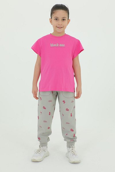 Black One Crew Neck Girl's Print Detailed Cotton Summer T-Shirt Trousers 2-Piece Tracksuit Set