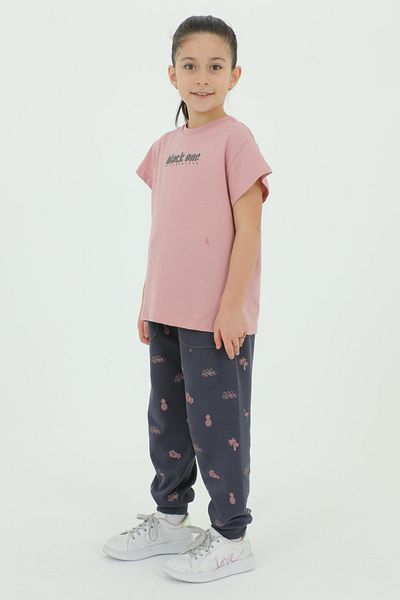 Black One Crew Neck Girl's Print Detailed Cotton Summer T-Shirt Trousers 2-Piece Tracksuit Set
