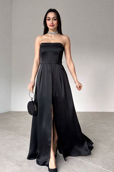 lovebox Women's Satin Fabric Double Skirt Formed Strapless Collar Slit Detail Black Maxi Evening Dress 161