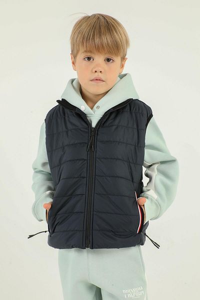 Black One Stand Collar Zipper Detailed Boy's Vest