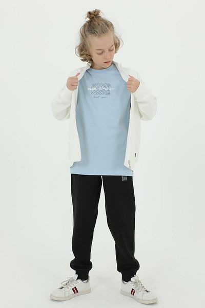 Black One Boy's Stand Collar Print Detailed Double Pocket Cardigan Three Piece Tracksuit Set