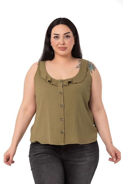 DISENTIS MODEST Plus Size Ruffle Collar Sleeveless Buttoned Khaki Blouse