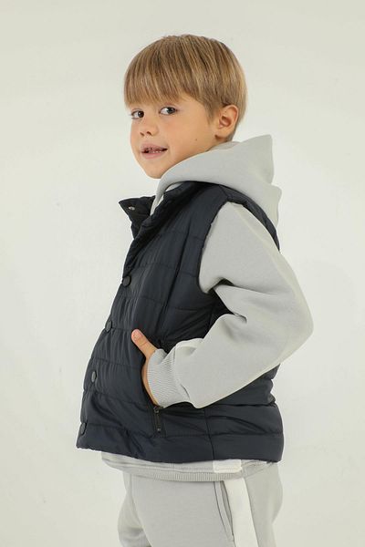Black One Stand Collar Button Detailed Double Pocket Boy's Inflatable Vest
