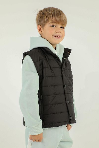 Black One Stand Collar Button Detailed Double Pocket Boy's Inflatable Vest
