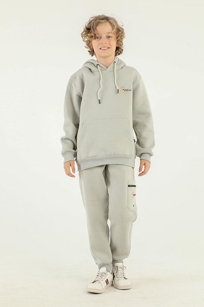 Black One Hooded Cargo Pocket Print Detailed Boy's Tracksuit Set
