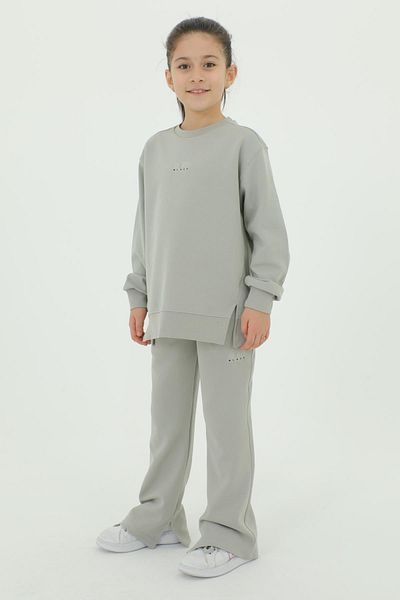 Black One Cotton 2-Piece Top and Bottom Girl's Tracksuit Set with Crew Neck Slit and Spanish Leg Print Detail