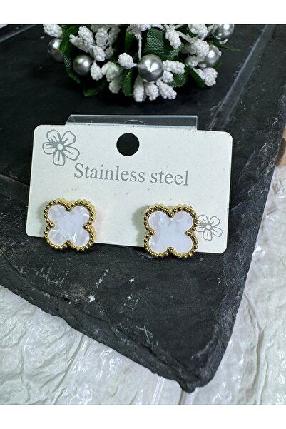 karmoda Kadın Altın Renk Sedefli Beyaz Yonca Çelik Küpe