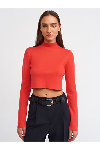 Dilvin 10482 Полудълъг пуловер с рибарска яка - червен