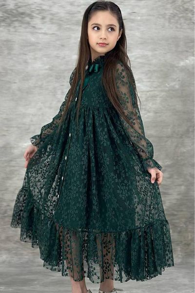 Riccotarz Girl's Buttoned Lace Embroidered Green Dress