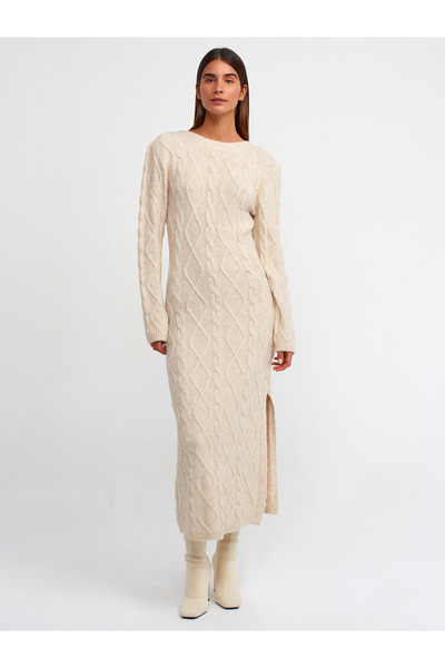 Dilvin 90160 Crew Neck Hair Braid Back V Knitwear Φόρεμα-μπεζ