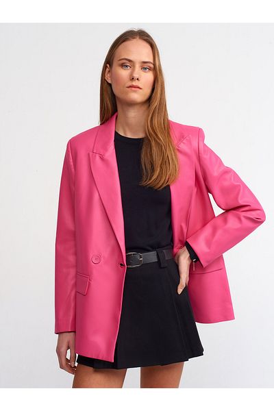 Dilvin 6939 Faux Leather Jacket-Fuchsia