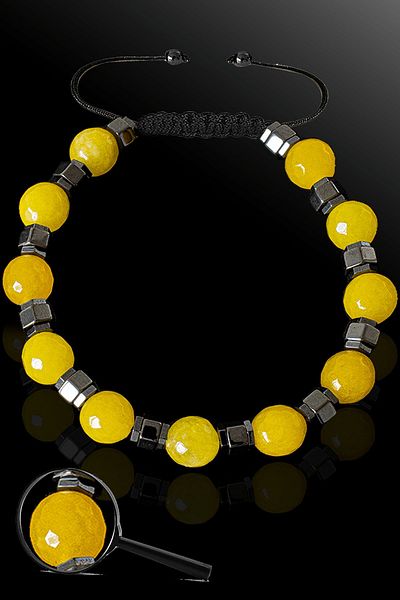 Tesbih Atölyesi Certified Silver Hematite 8 Mm Natural Faceted Yellow Agate Stone Bracelet