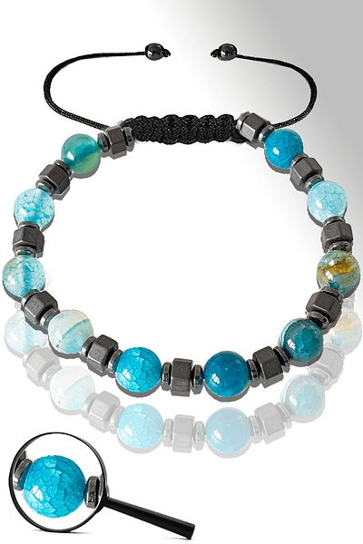 Tesbih Atölyesi Certified Matte Silver Hematite Blue Agate Stone Bracelet - Adjustable