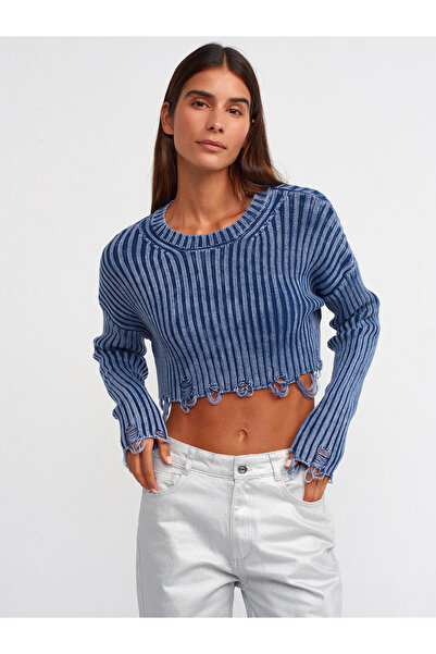 Dilvin 10488 Izbleđeni efekat okrugla kragna Poderani detalji Skraćeni kroj D...