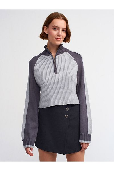 Dilvin 10438 Half Fisherman Zippered Glittery Sweater-Light Gray