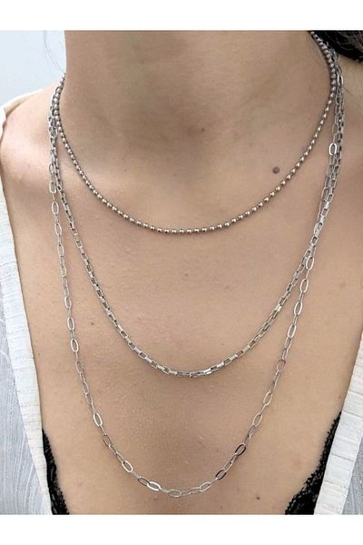 TÜKKAN ACCESSORİES CHAIN TRIPLE MULTI COMBIN SILVER COLOR NECKLACE-SLEEVE142