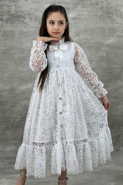 Riccotarz Girl's Buttoned Lace Embroidered White Dress