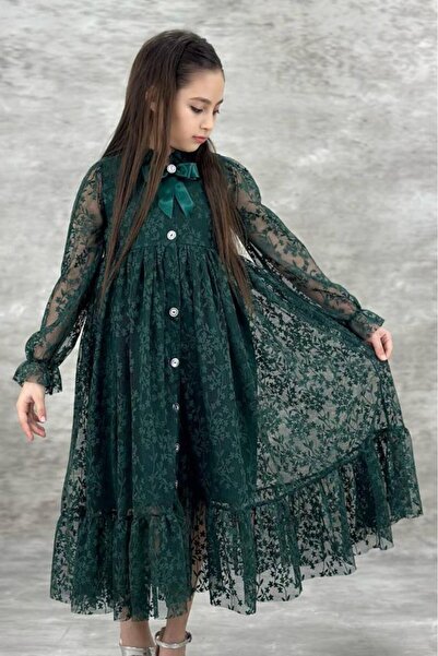 Riccotarz Girl's Buttoned Lace Embroidered Green Dress