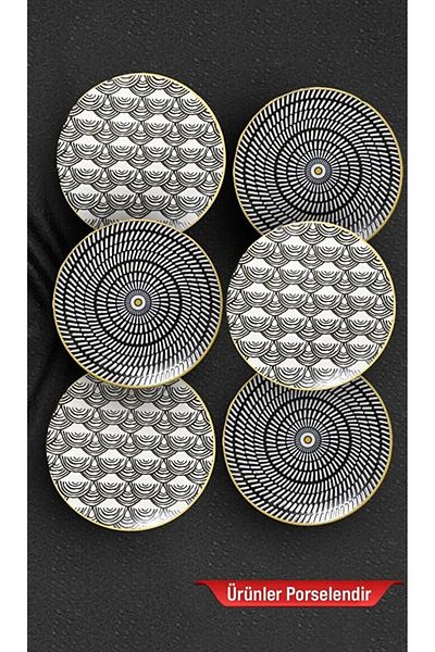 Güral Porselen Arya Black and White 6-Piece Cake Plate - Porcelain 6-Piece Cake Plate - Nbtarya1