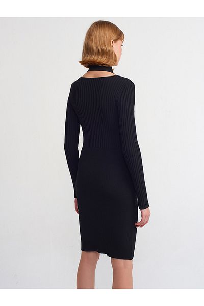 Dilvin 90143 Polo Collar Buttoned Knitwear Dress-Black