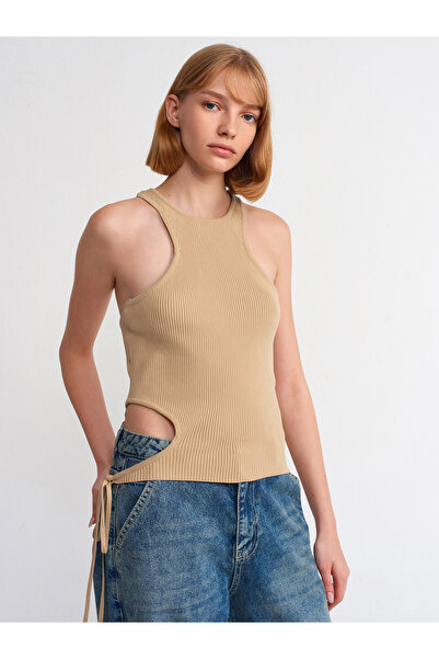 Dilvin 10347 Crew Neck Right Side Lace Up Knitwear Athlete-Beige