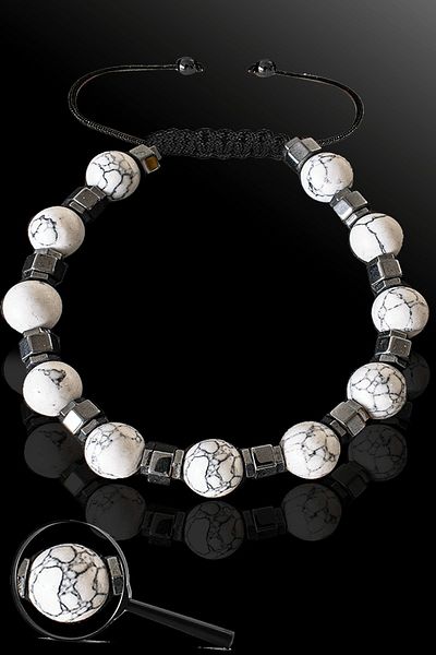 Tesbih Atölyesi Certified Silver Hematite 8 Mm Natural Howlite Stone Bracelet - Adjustable