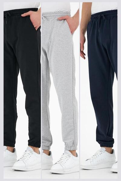 COMEOR Black-grey-navy 3-Piece Men's Sweatpants with Labeled Back and Side Pockets Regular Fit Rubber Leg