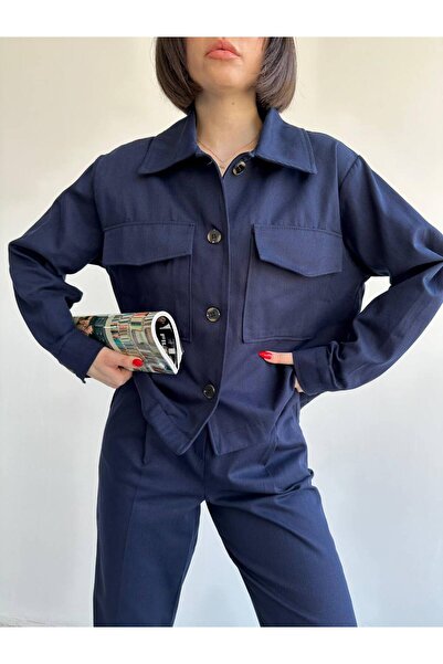 Laluvia Sötétkék 100% pamut ing sárgarépa nadrág Gabardine szett