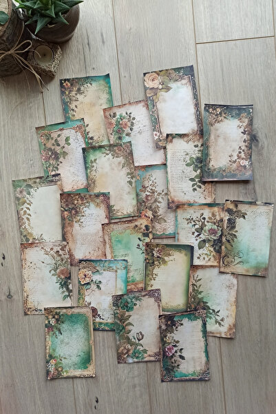 Mona Craftist 20 Adet Eskitme Vintage Yeşil Temalı Scrapbook Kağıt Seti Bulle...