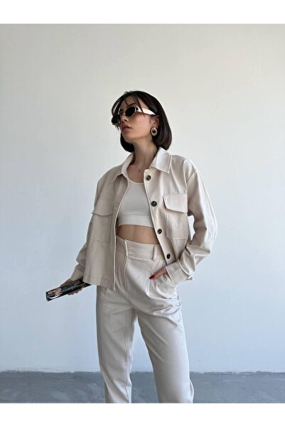 Laluvia Kő színű 100% pamut ing sárgarépa nadrág Gabardine szett