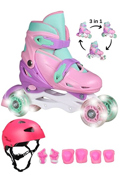Sportaj Lighted Silicone Roller Skate Helmet for Girls Boys - with Knee Pad and Elbow Pad Set, Four Wheels with Bag
