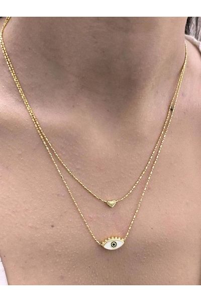 TÜKKAN ACCESSORİES Gold Double - Eye Evil Eye and Heart Multiple Combination Necklace - Kol145