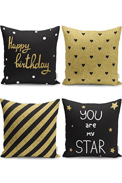 Nish & Royal Modern Pillow and Cushion Cover Set with Gold Detail on Black Ba...