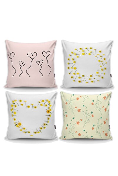 Nish & Royal Plain 4-Piece Throw Pillow Cover Set with Flower Model on White ...
