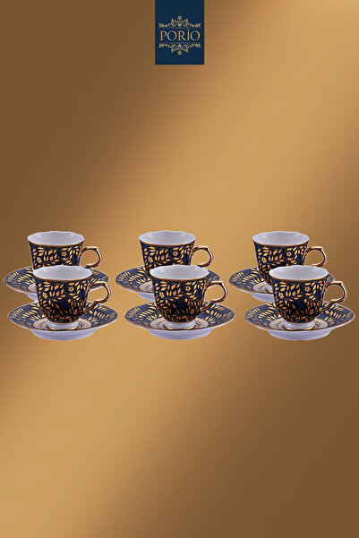 Porio 12 Parça 6 Kişilik Porselen Lacivert Altın İşlemeli Türk Kahvesi Fincan...