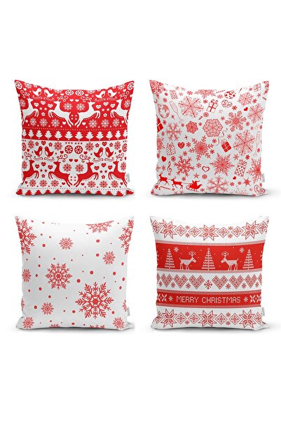 Nish & Royal Red White Christmas Deer And Snowflakes 4-Piece Pillow Throw Pil...