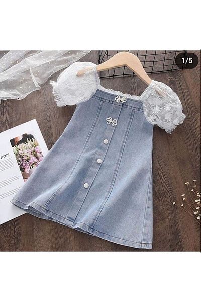bir dünya çocuk Pearl Buttoned Denim Dress