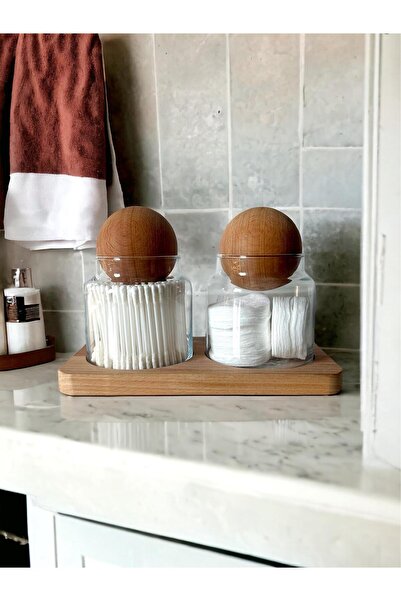 ÜÇER AHŞAP Cam Dekoratif Top Kapaklı Makyaj Pamuğu Ve Kulak Pamuğu Kavanozu 500 Ml Organizer