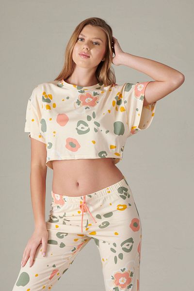 Rubina Secret Short Sleeve Crop Women's Cotton Pajamas Set ~Combed Cloth