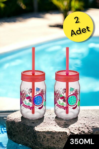Şahane Pazar Red 2 Pieces Glass Cup with Straw 350cc Fma04794