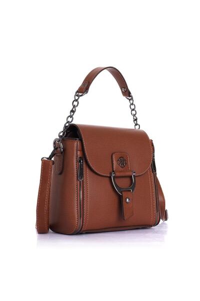 Getcho Dantes Women's Tan Hand and Crossbody Bag – Elegant Design, Multi-Compartment Organization, Metal Accessories, Stylish Details