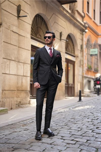 LONATOLİA Men's Striped Suit Italian Style Slim Fit Jacket Vest Pants