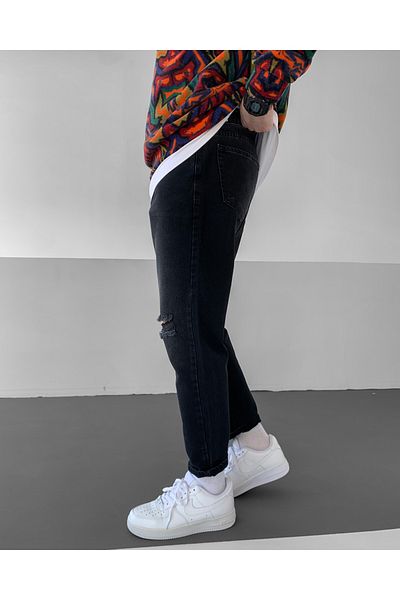 NO1 KONSEPT Anthracite String Ripped Distressed Boyfriend Pants