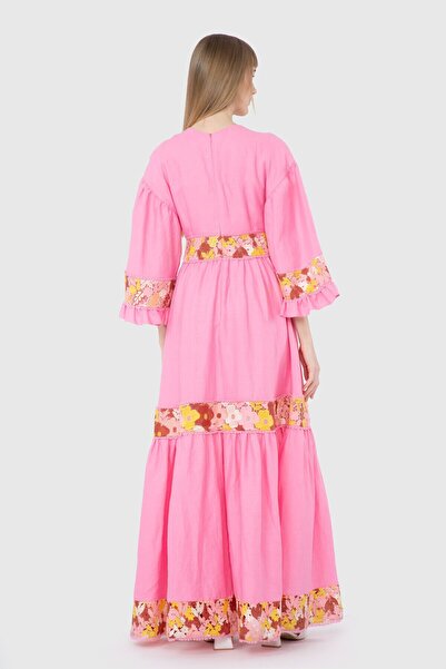 GİZİA V Yaka Çiçek Desenli Pembe Uzun Elbise
