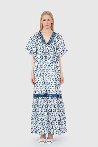 GİZİA Şerit Dantel Ve Işleme Detaylı Fırfırlı Uzun Mavi Elbise