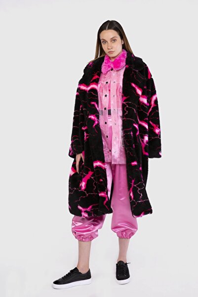 GIZIA SPORT Desenli Peluş Maxi Boy Pembe Kaban