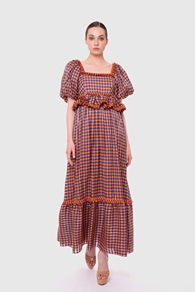 GİZİA Kare Yaka Fırfır Ve Şerit Detaylı Uzun Ekose Turuncu-pudra Elbise