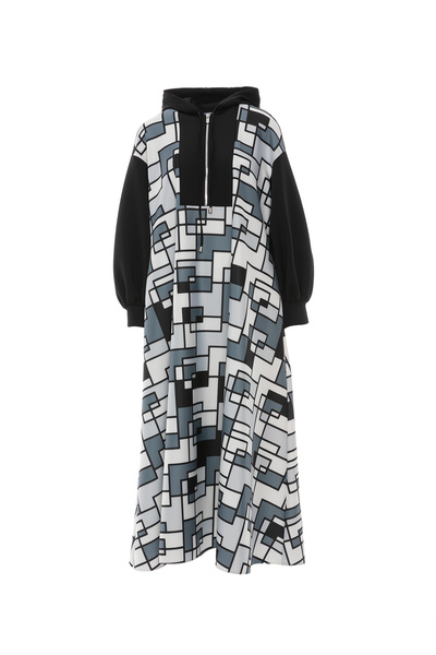 GIZIA SPORT Fermuar Detaylı Kapüşonlu Özel Desen Scuba Siyah Elbise